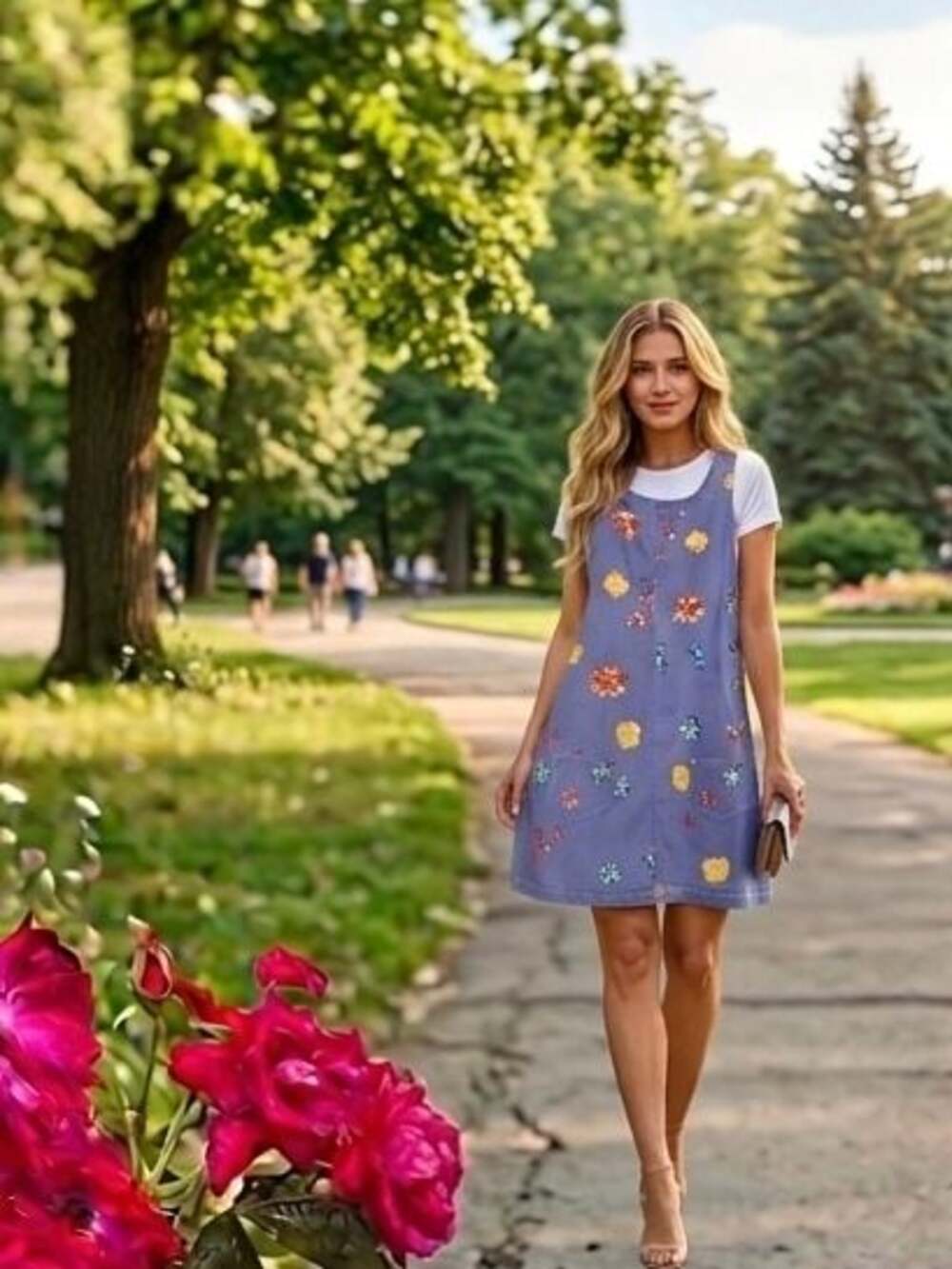 Compagnie Internationale Express Floral Denim Overall Dress Size S